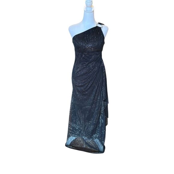 R&M Richards Vintage Maxi Dress One Shoulder Draped Black Silver Sparkle Size 4P - Picture 1 of 16